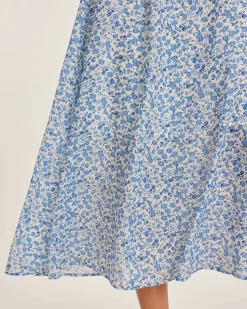Blue Floral V Neck Shirred Slip Midi Dress