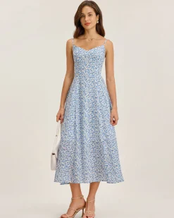 Blue Floral V Neck Shirred Slip Midi Dress