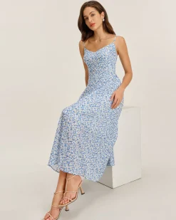 Blue Floral V Neck Shirred Slip Midi Dress