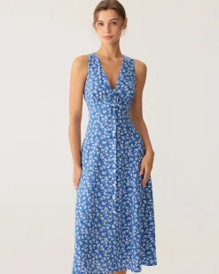 Blue Floral V Neck Sleeveless Midi Dress