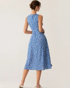 Blue Floral V Neck Sleeveless Midi Dress