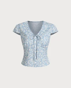 Blue Floral V-Neck Blouse