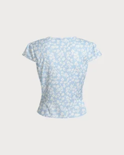Blue Floral V-Neck Blouse