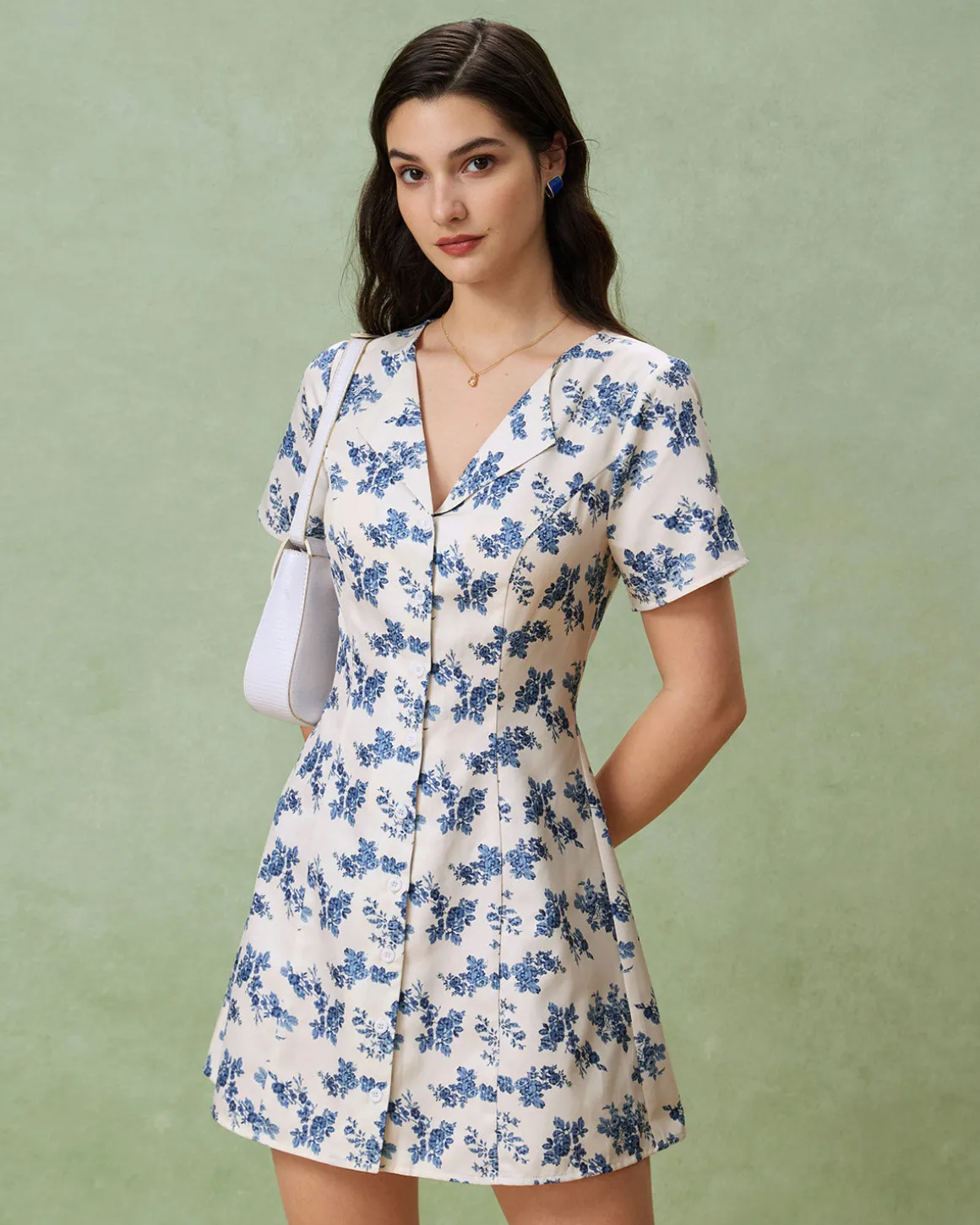 Blue Floral V-Neck Button A-Line Mini Dress