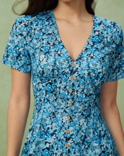 Blue Floral V-Neck Button Mini Dress