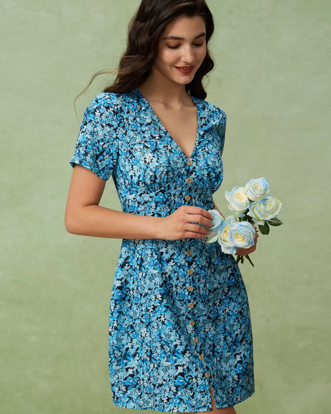 Blue Floral V-Neck Button Mini Dress