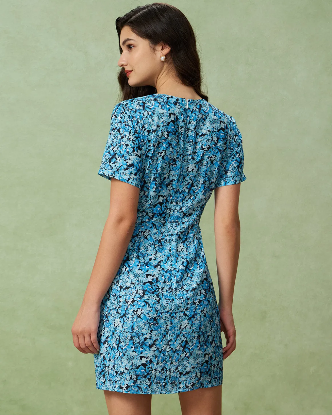 Blue Floral V-Neck Button Mini Dress