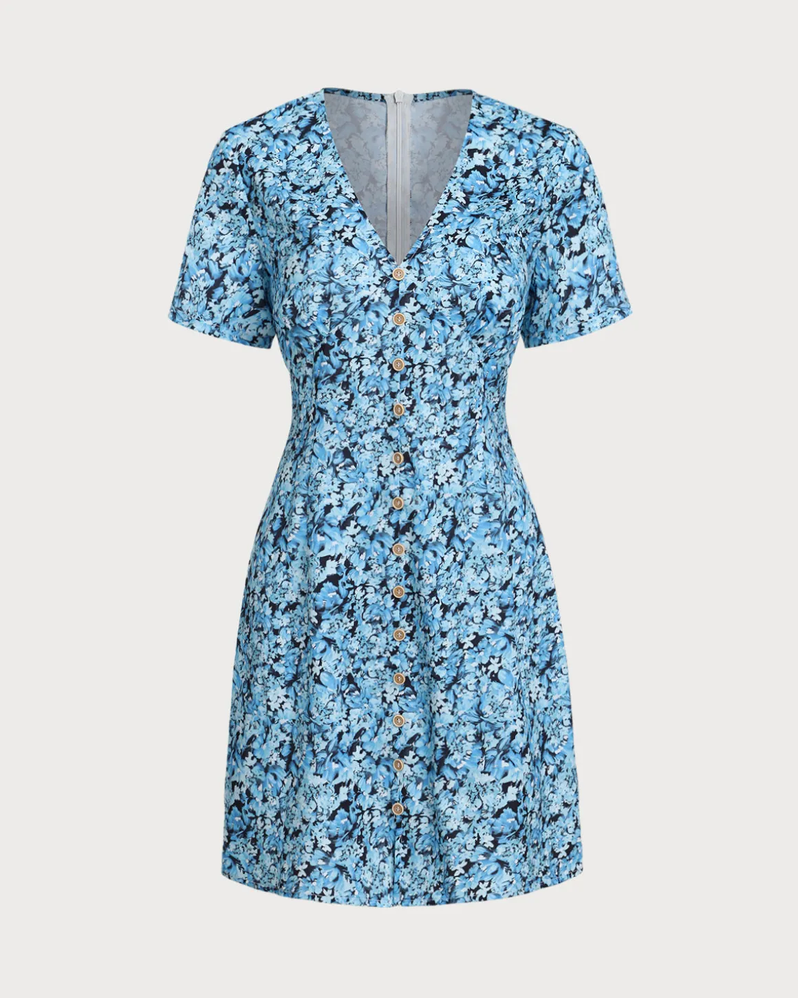 Blue Floral V-Neck Button Mini Dress