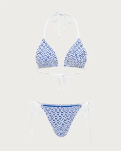 Blue Geometric Triangle Drawstring Bikini Set
