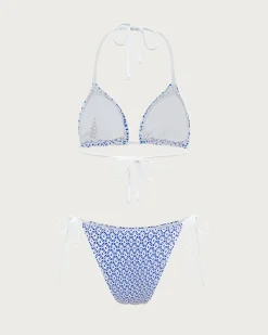 Blue Geometric Triangle Drawstring Bikini Set