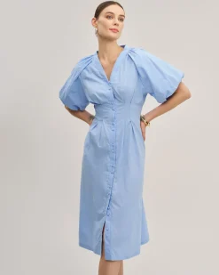 Blue Half Sleeve Button Midi Dress