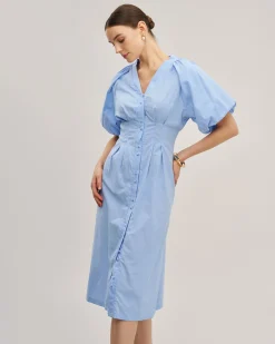 Blue Half Sleeve Button Midi Dress