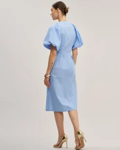 Blue Half Sleeve Button Midi Dress
