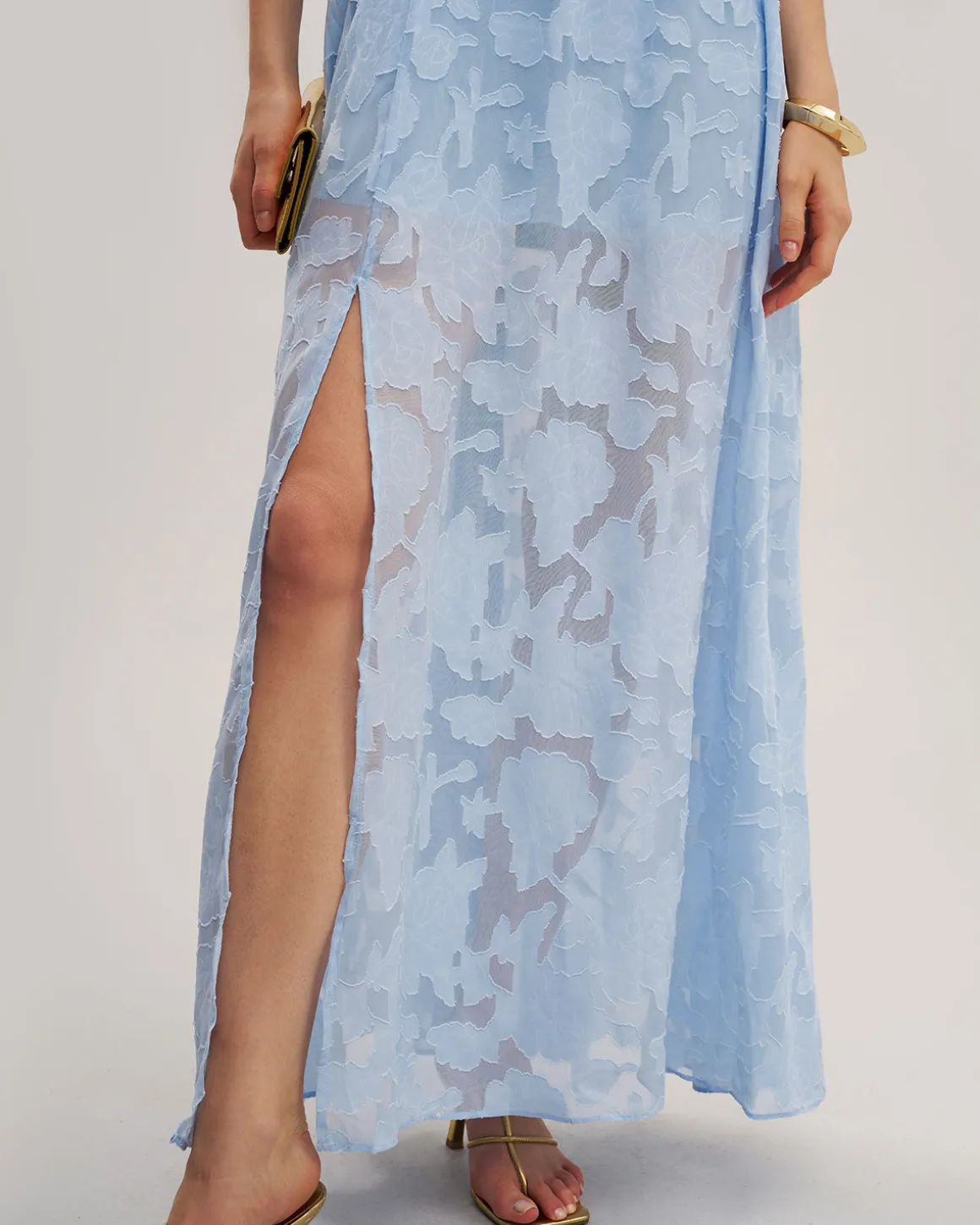 Blue Jacquard Slit Sleeveless Maxi Dress