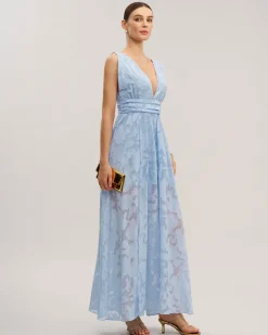 Blue Jacquard Slit Sleeveless Maxi Dress