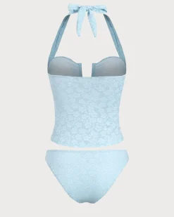 Blue Jacquard Textured Tankini Swimsuit