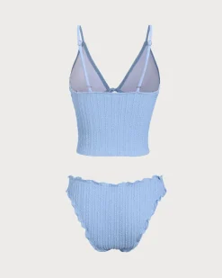 Blue Jacquard Tie-Front Tankini Swimsuit