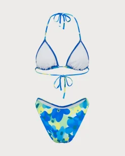 Blue Knitted Colorful Floral Bikini Set