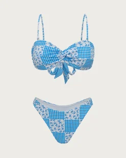 Blue Knitted Plaid Floral Print Twist Bikini Set