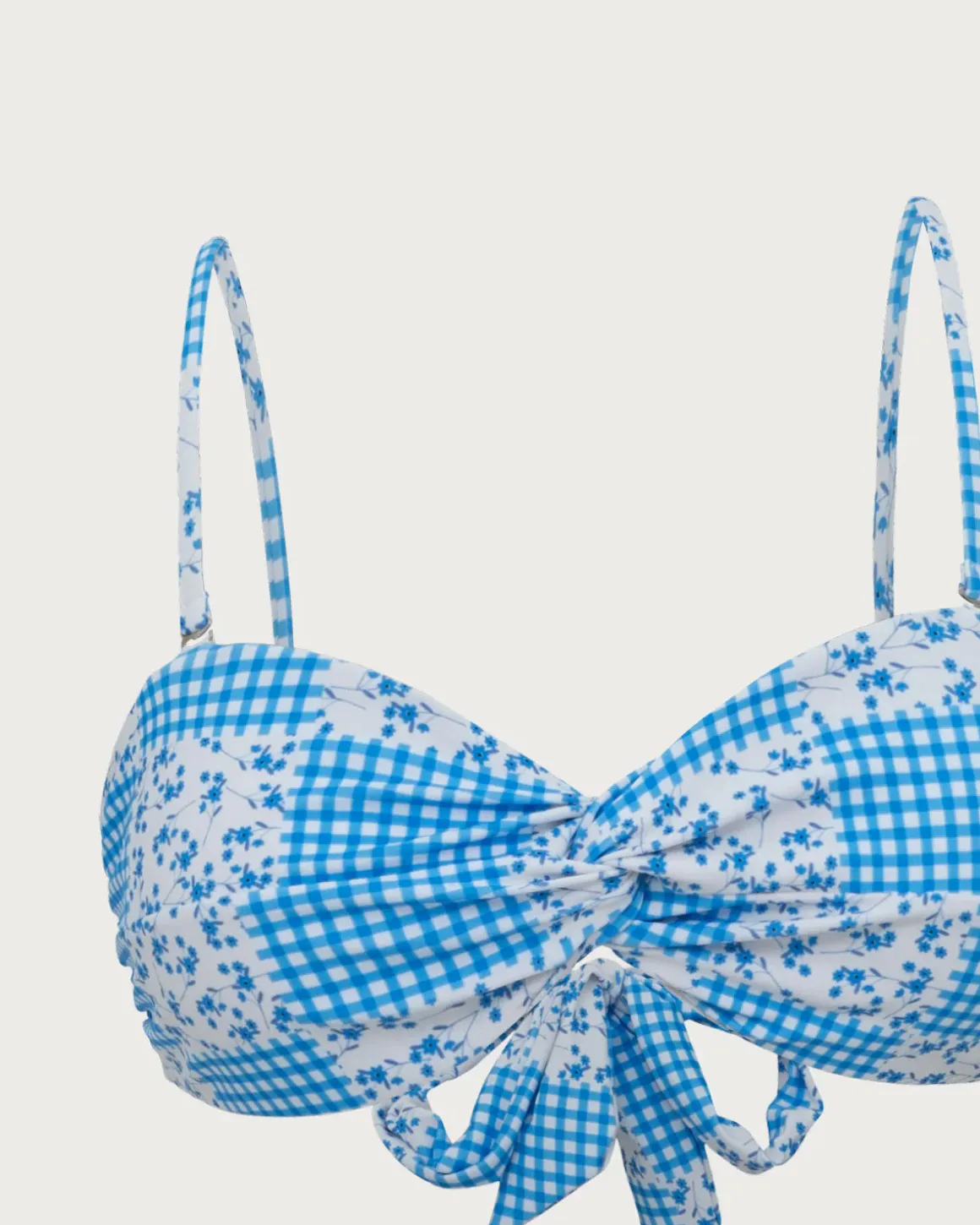 Blue Knitted Plaid Floral Print Twist Bikini Set