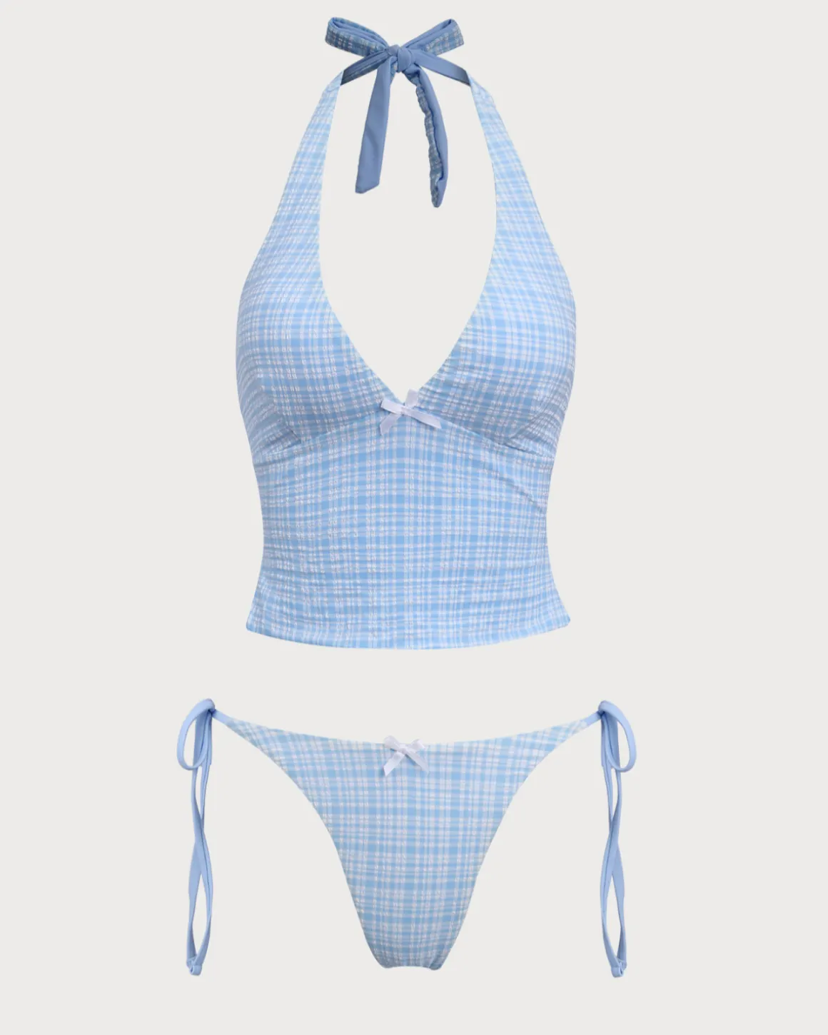 Blue Knitted Plaid Tankini Swimsuit