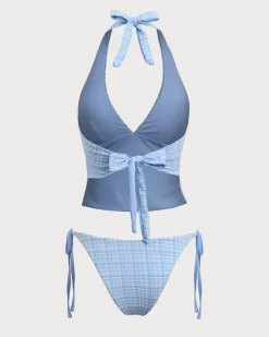 Blue Knitted Plaid Tankini Swimsuit