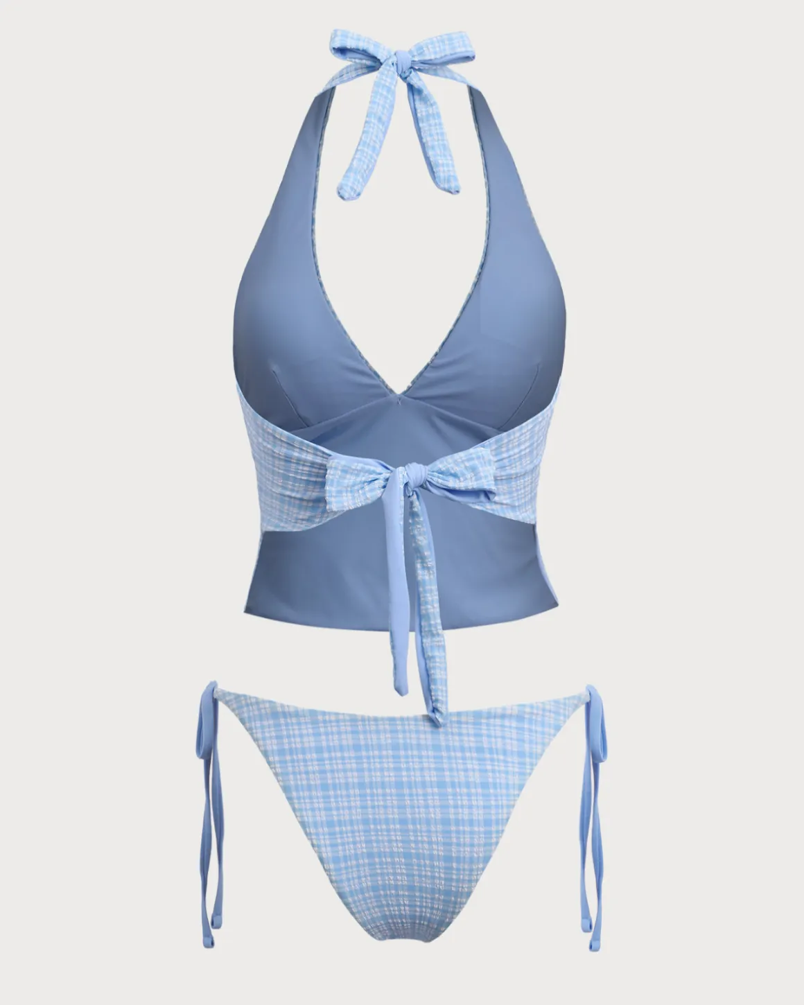 Blue Knitted Plaid Tankini Swimsuit