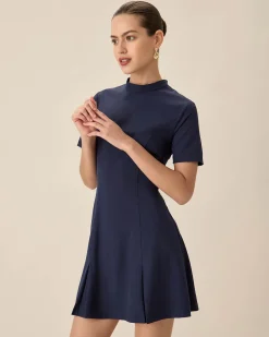 Blue Mock Neck Pleated Mini Dress