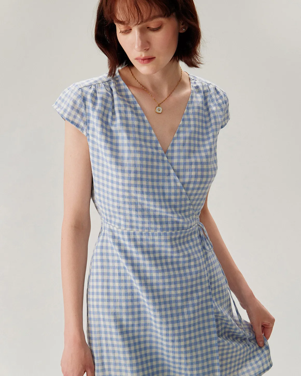 Blue Plaid Cap Sleeve Wrap Mini Dress