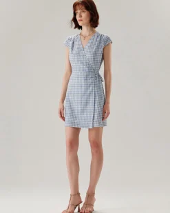 Blue Plaid Cap Sleeve Wrap Mini Dress