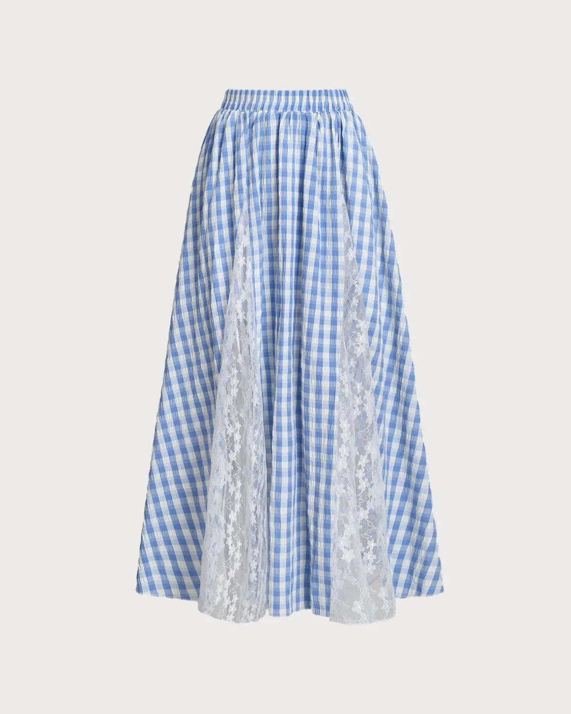 Blue Plaid Elastic Waist Midi Skirt