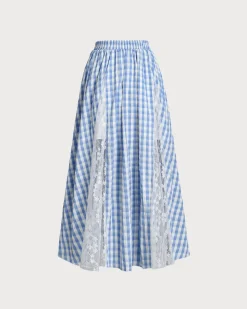 Blue Plaid Elastic Waist Midi Skirt