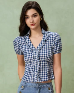 Blue Plaid Puffed Sleeve Blouse