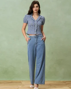 Blue Plaid Puffed Sleeve Blouse