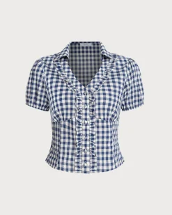 Blue Plaid Puffed Sleeve Blouse