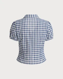 Blue Plaid Puffed Sleeve Blouse