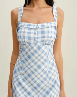 Blue Plaid Square Neck Slip Midi Dress