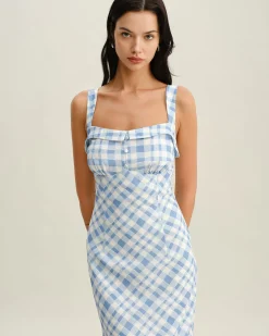 Blue Plaid Square Neck Slip Midi Dress