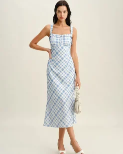 Blue Plaid Square Neck Slip Midi Dress