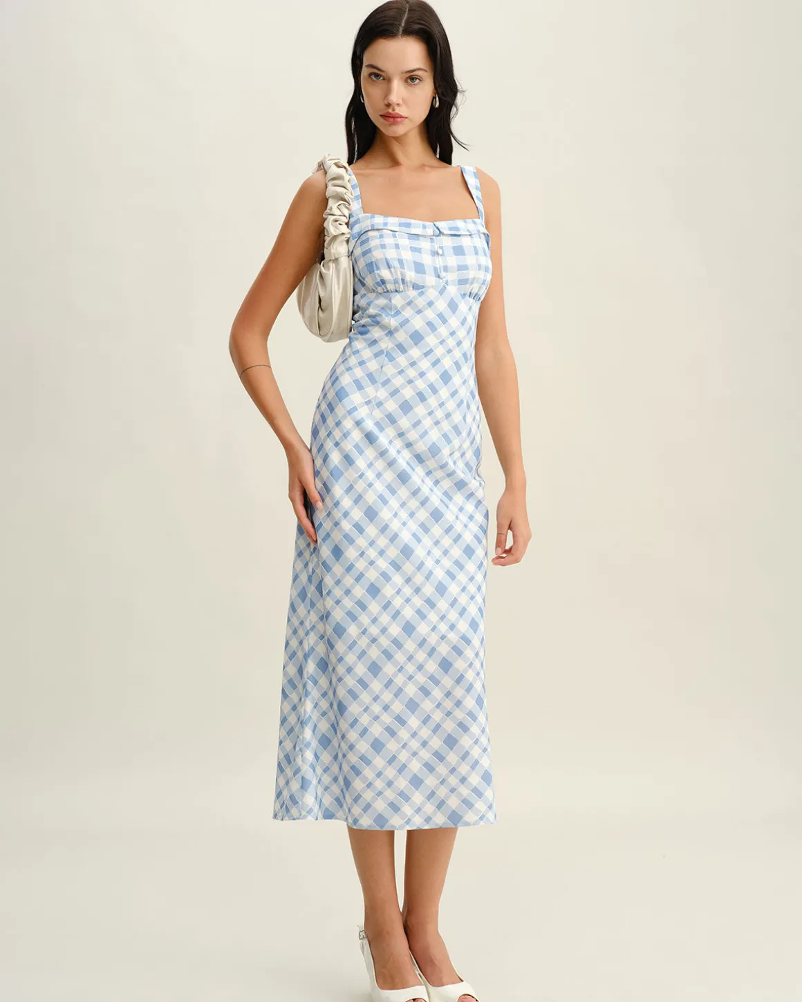Blue Plaid Square Neck Slip Midi Dress