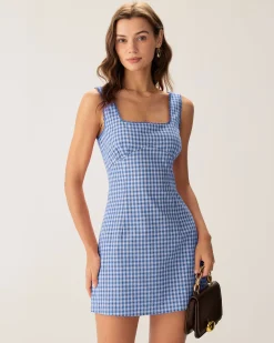 Blue Plaid Square Neck Slip Mini Dress