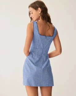 Blue Plaid Square Neck Slip Mini Dress