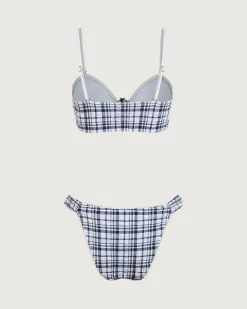 Blue Plaid Tie Front Bikini Set