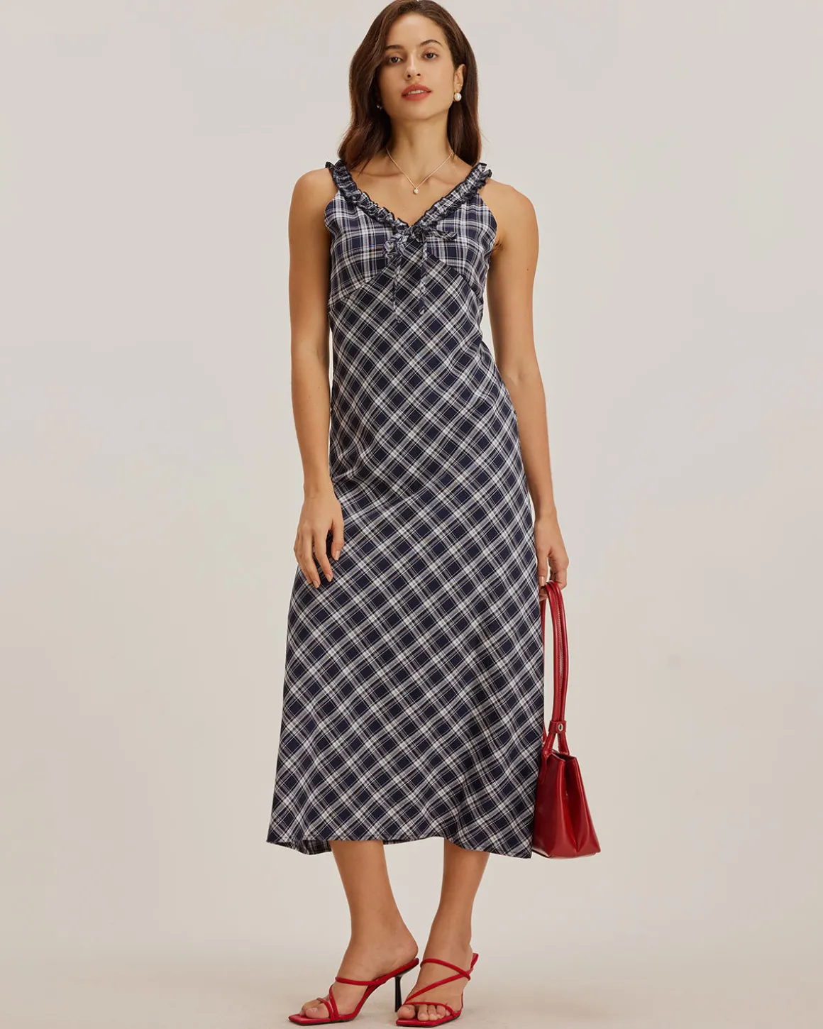 Blue Plaid V Neck Slip Maxi Dress