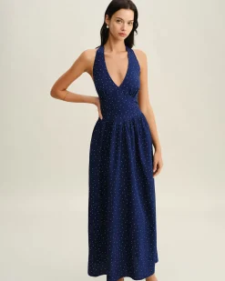 Blue Polka Dot Halter Maxi Dress