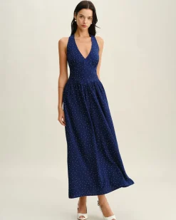 Blue Polka Dot Halter Maxi Dress