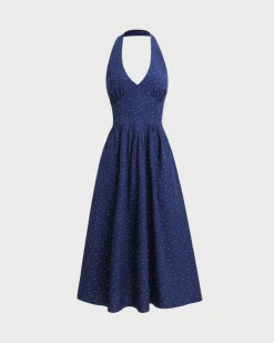 Blue Polka Dot Halter Maxi Dress
