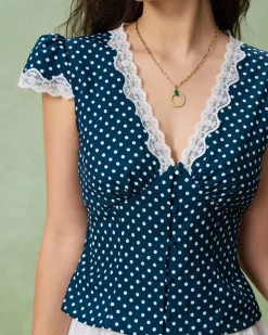 Blue Polka Dot Lace Trim Blouse
