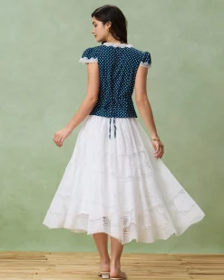 Blue Polka Dot Lace Trim Blouse