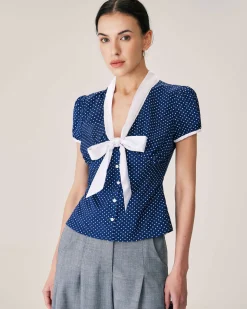 Blue Polka Dot Puffed Sleeve Blouse